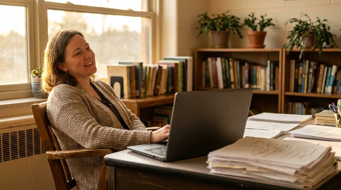 A teacher sitting back from a laptop in a warm, book-lined classroom in late-afternoon light, a stack of marked papers set aside