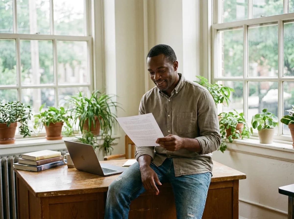 A teacher sitting on the edge of a desk in a bright classroom, smiling as he reads a freshly printed exam paper