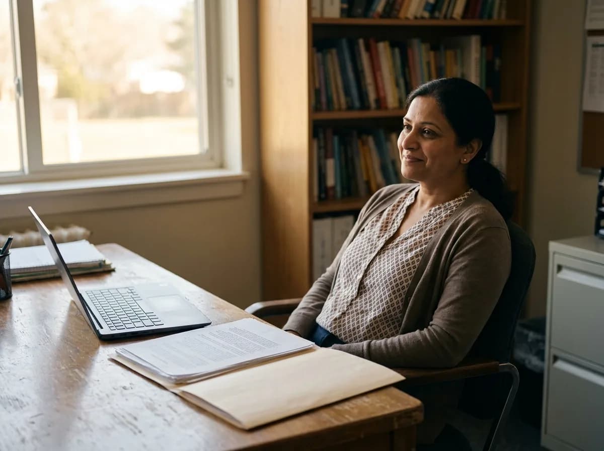 A teacher sitting calmly at a staffroom desk with her laptop and a folder of papers, reassured her work is private