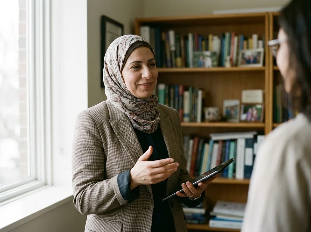 A head of department in a hijab talking with a colleague in a bright office, tablet in hand