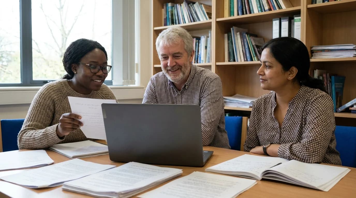 Three colleagues in a university department office gathered around a laptop and printed papers, talking through their work together