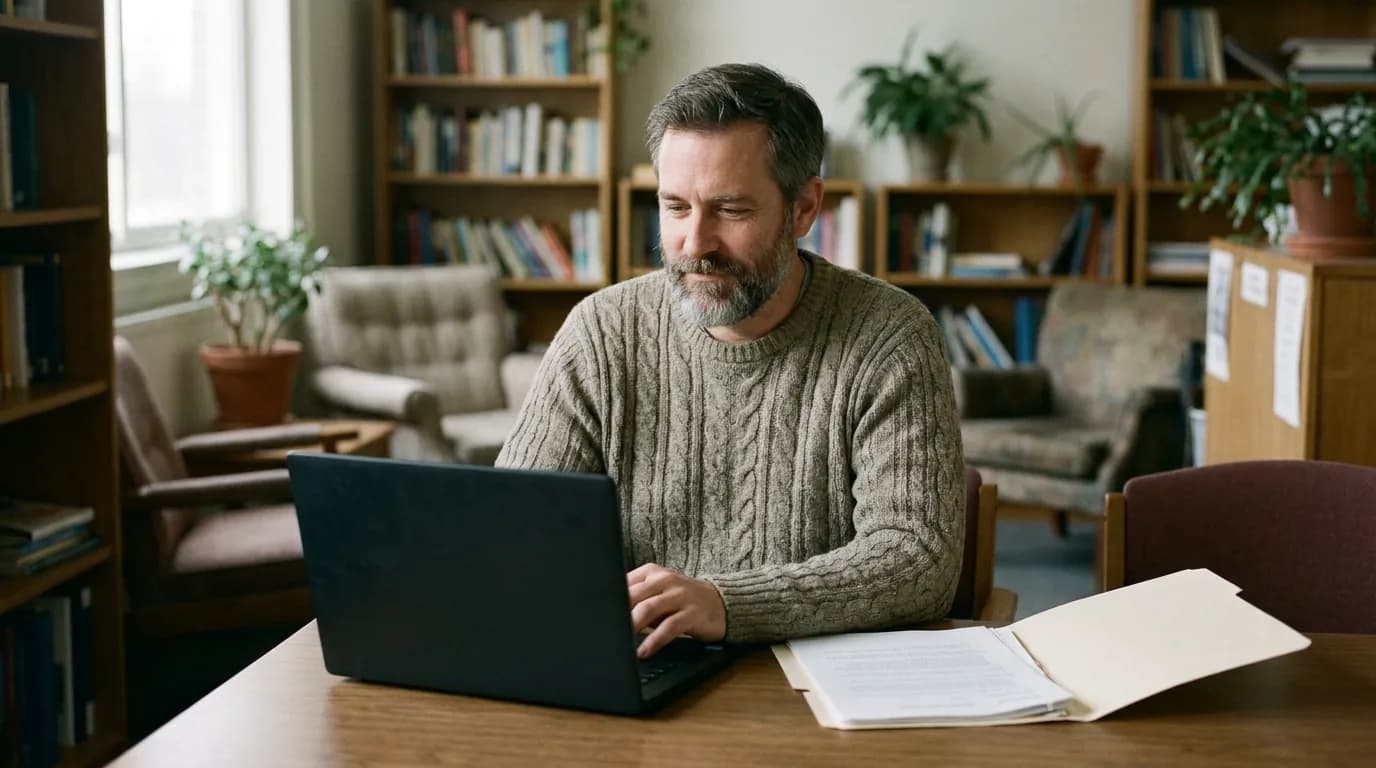 A teacher calmly working on a laptop at a desk in a quiet library, a folder of papers beside him