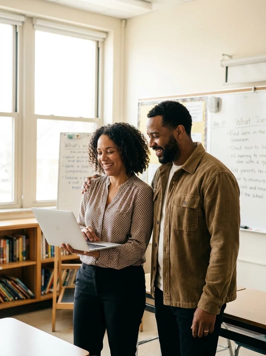 Two teachers smiling together over a laptop as they set a paper in a bright classroom