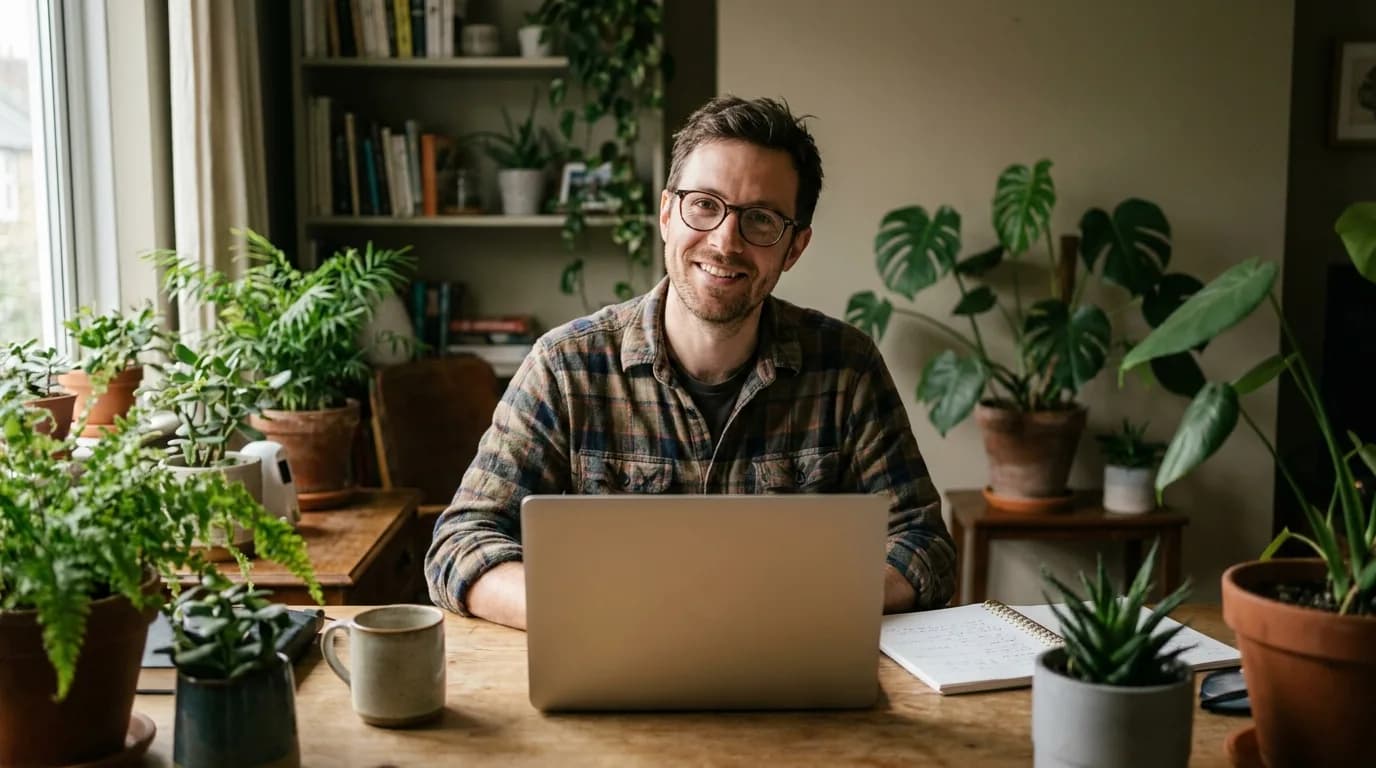 A person looking up from a laptop at a plant-filled desk with a warm, open smile