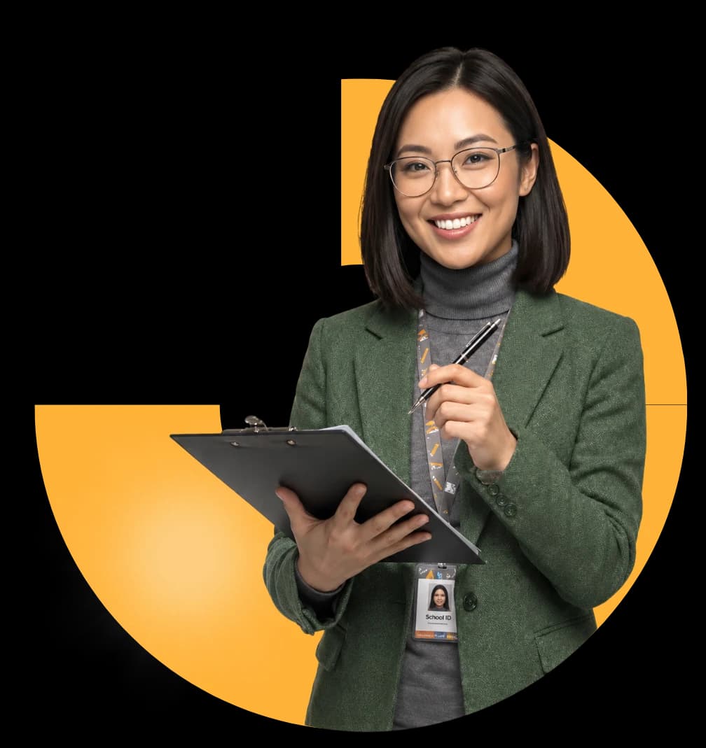 A smiling educator reviewing exam questions on a clipboard