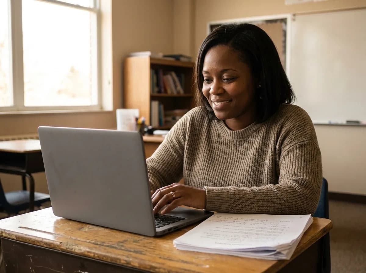 A teacher smiling as she starts working on her laptop at a classroom desk, printed notes beside her