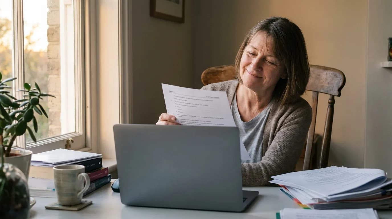 A teacher leaning back at her home desk in the evening, holding a finished exam paper with a relieved smile