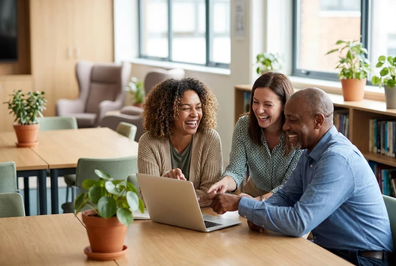 Three teachers laughing together as they build an exam on a laptop in a bright staffroom