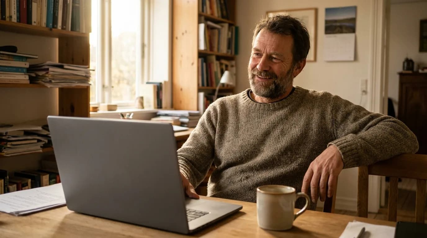A teacher sitting back from a laptop at a home desk with a relaxed, satisfied smile