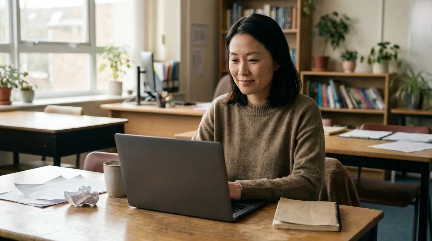 A teacher working comfortably on a laptop at a staffroom desk