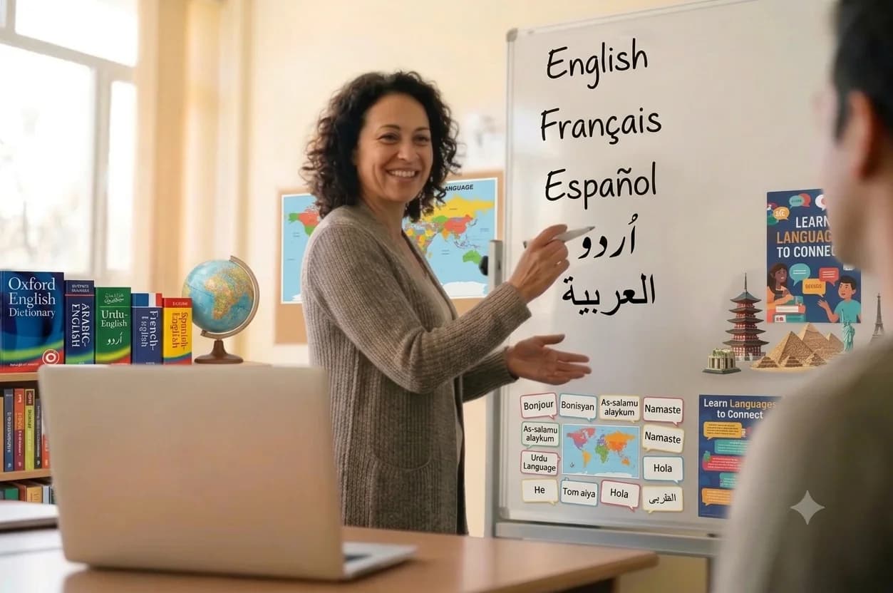 A teacher at a whiteboard showing the five supported languages: English, Français, Español, Urdu and Arabic