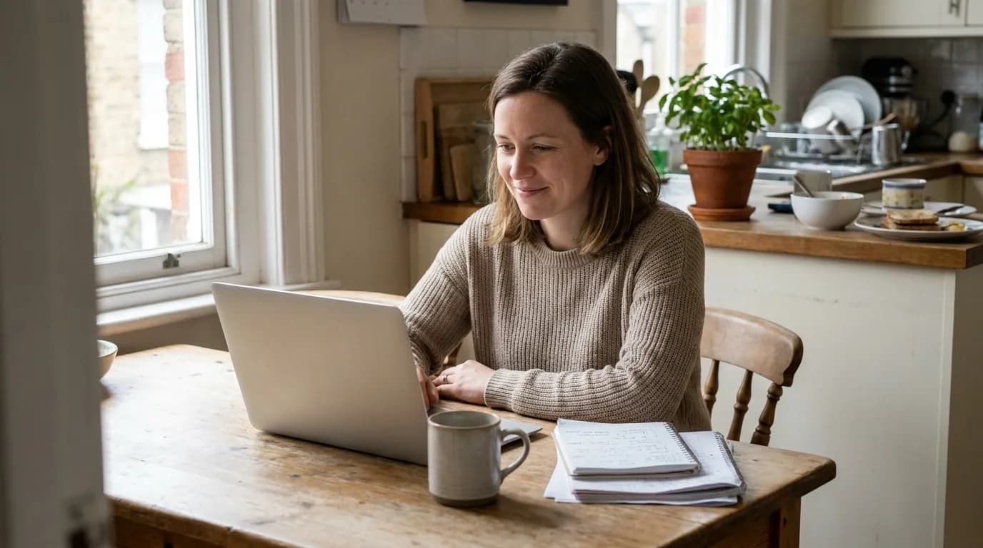 A teacher at a home kitchen table with a coffee, working calmly on her laptop on a quiet morning