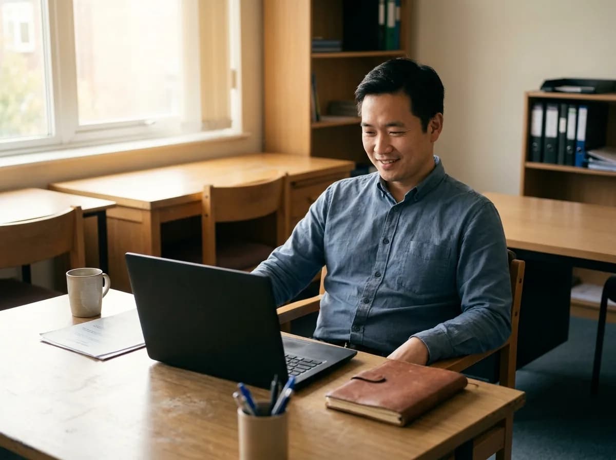 A teacher sitting back at his desk with a warm smile, looking at his laptop