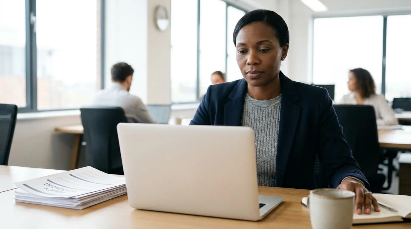 An L&D professional working on a laptop at a desk in a modern open-plan office, a printed policy document beside her