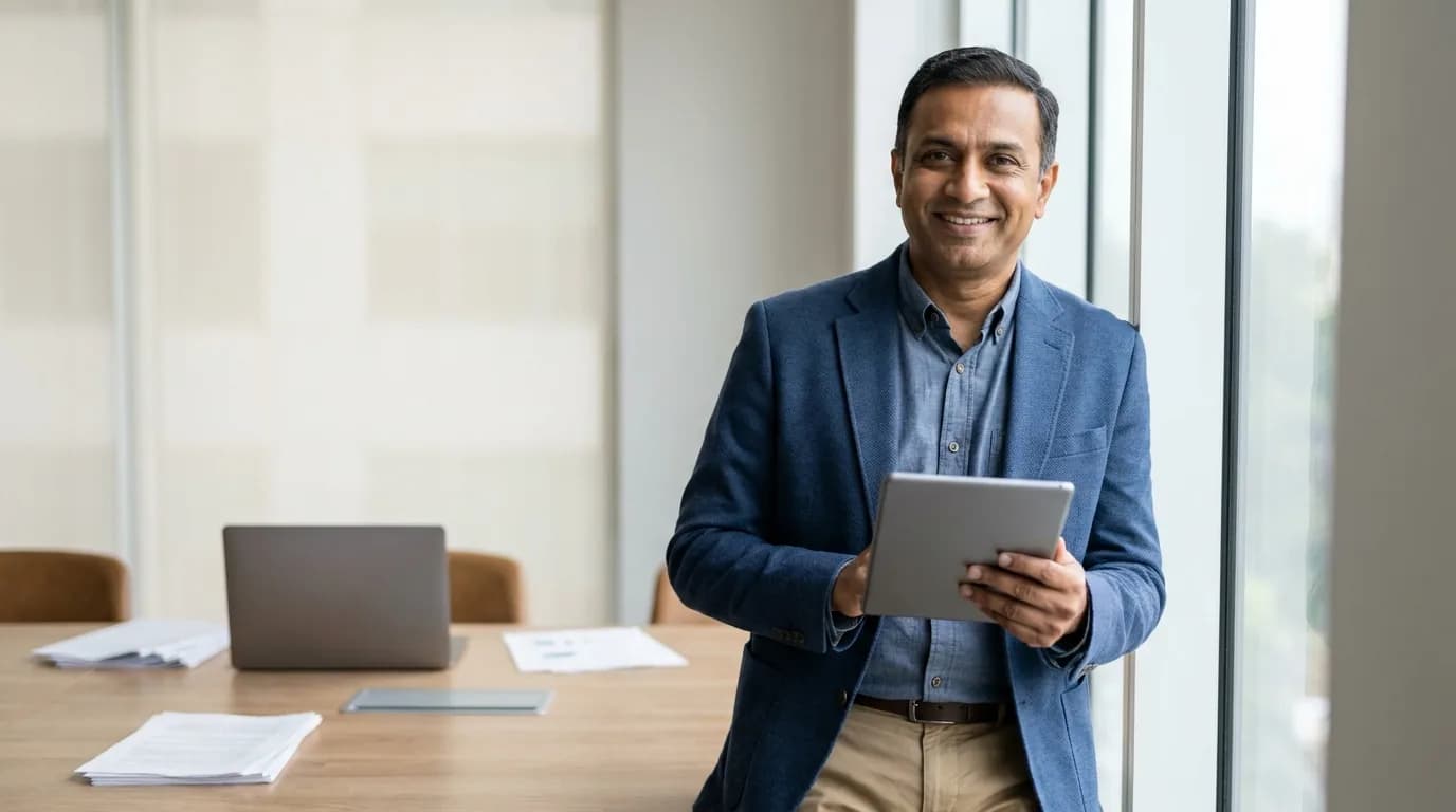 A corporate trainer holding a tablet in a bright office, smiling, a meeting table with a laptop behind him