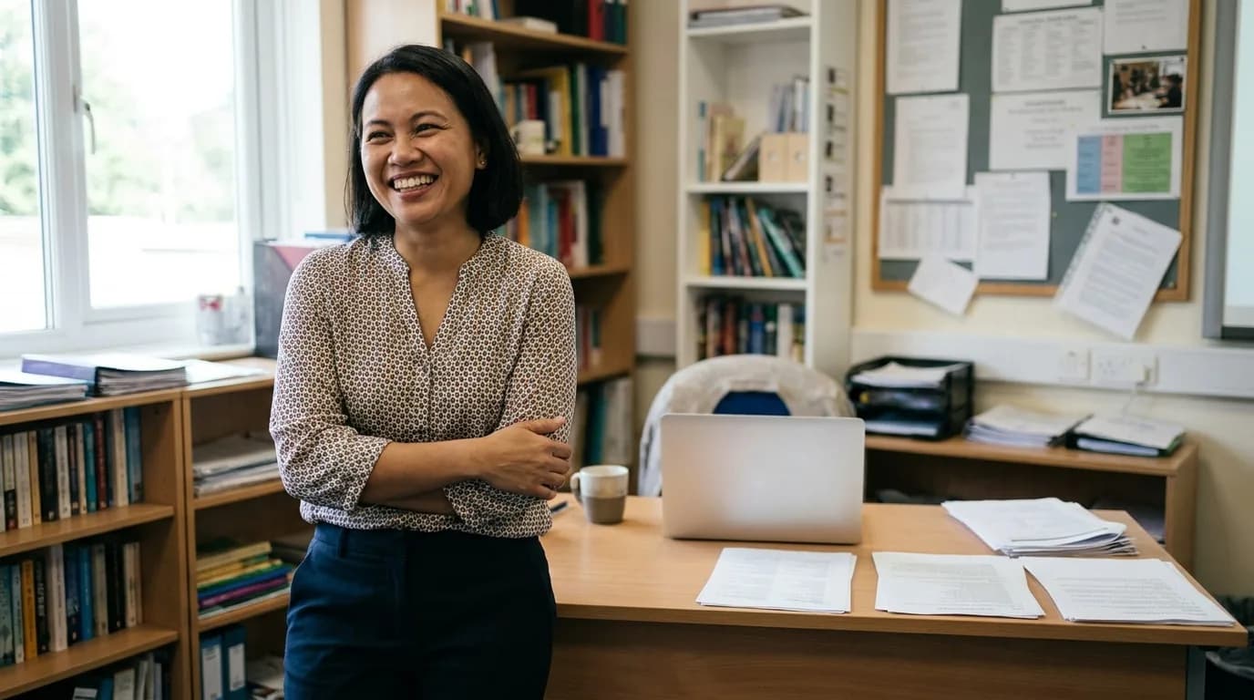 A teacher standing relaxed in a staffroom, smiling warmly, a desk with a laptop behind her