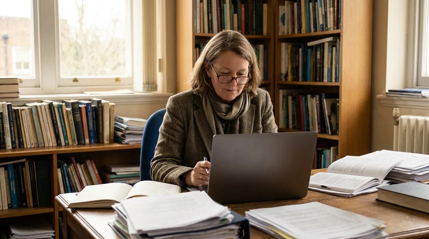 A university lecturer reviewing on a laptop in a book-lined office, academic papers and a journal on the desk