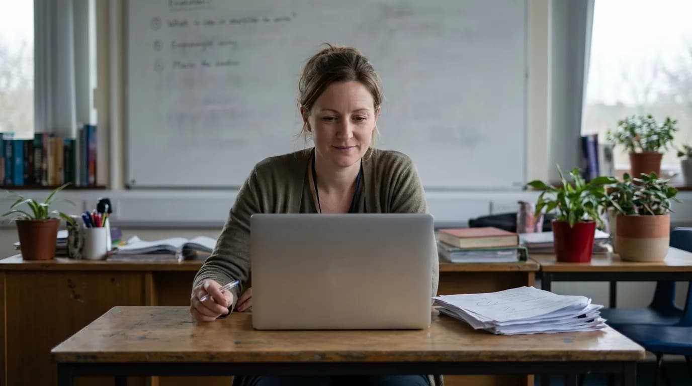 A secondary school teacher reviewing on a laptop at a classroom desk, a stack of exam papers beside her