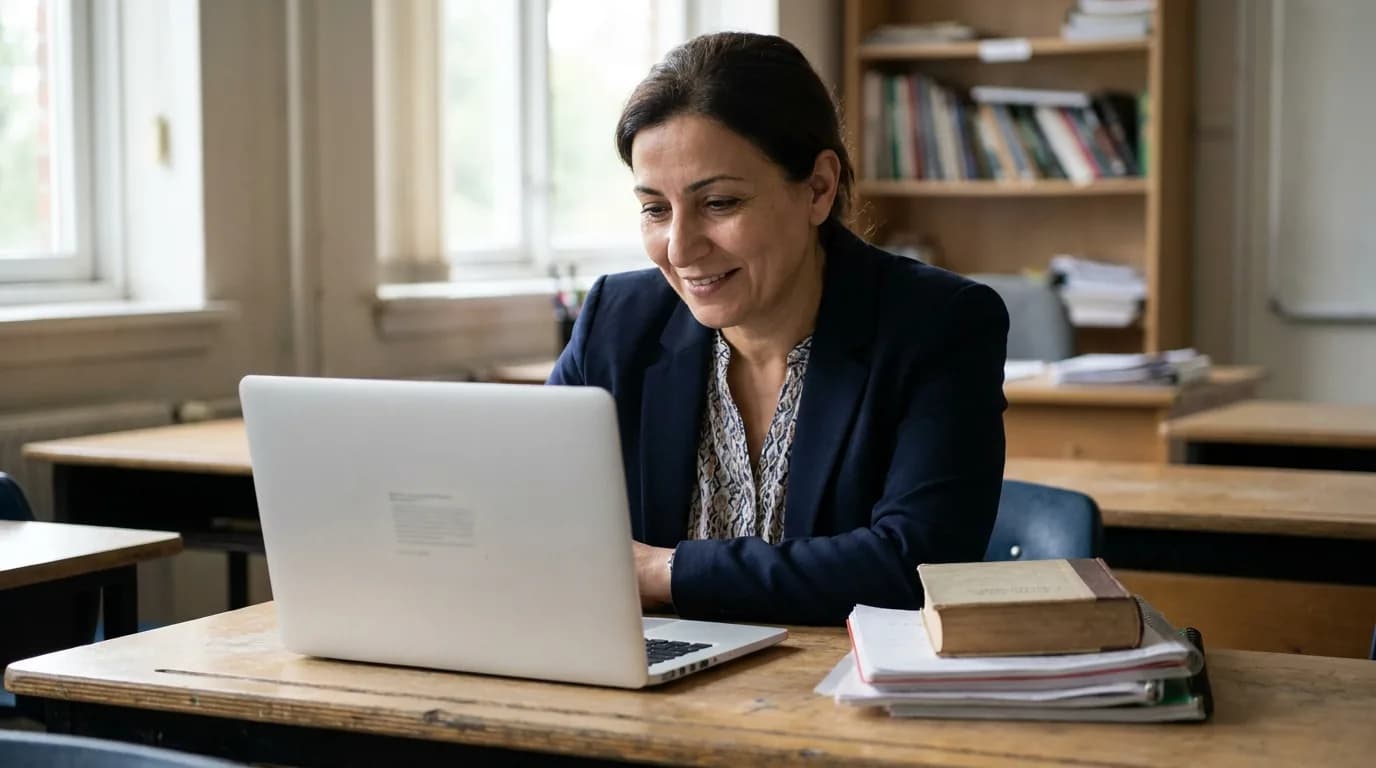 A language teacher reviewing on a laptop in a bright classroom, books and papers beside her