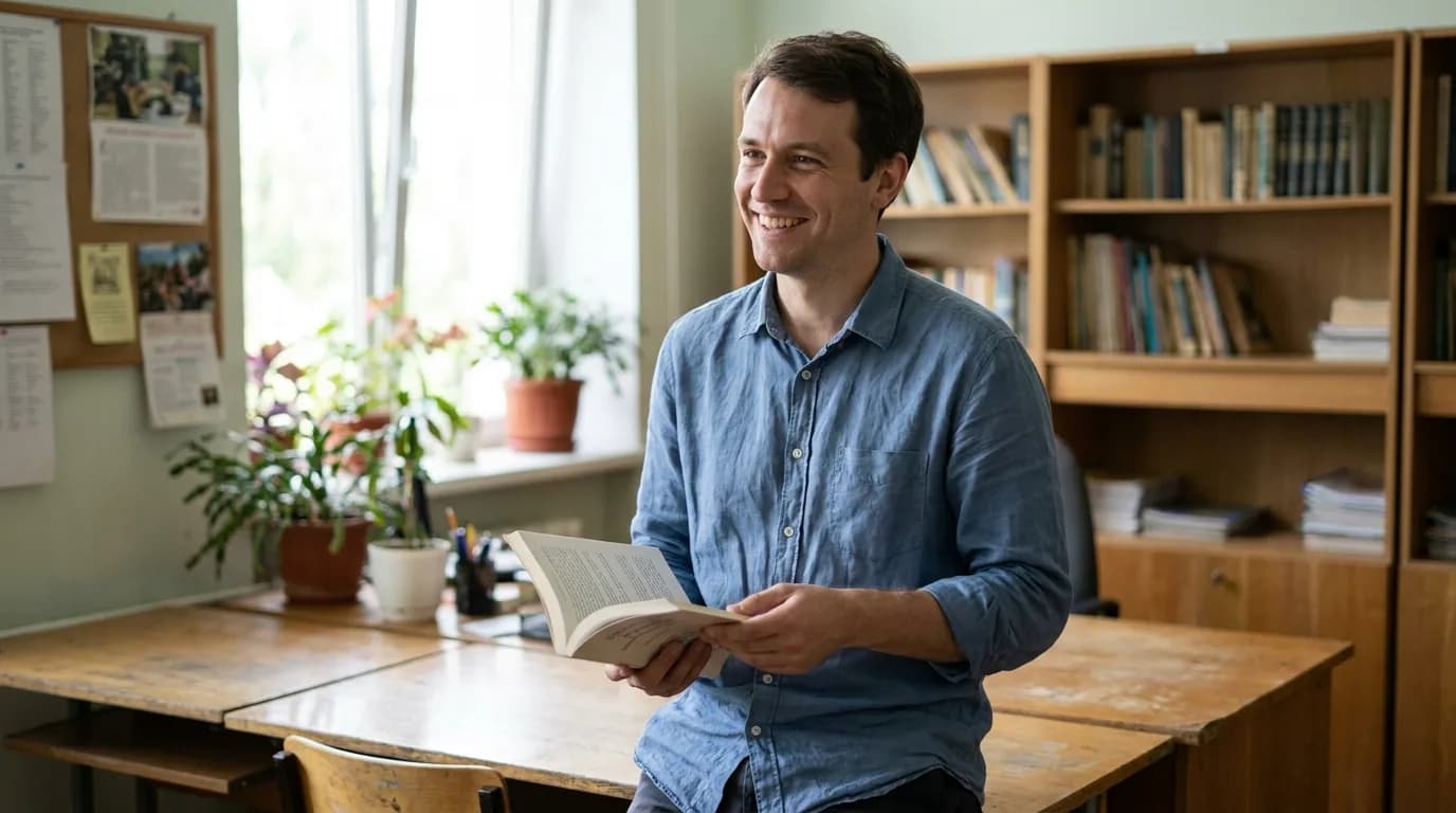 A language teacher holding an open book in a bright classroom, smiling