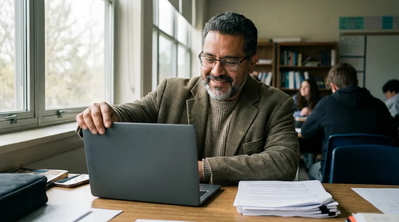 A teacher opening his laptop at a classroom desk to start setting an assessment, printed notes beside him