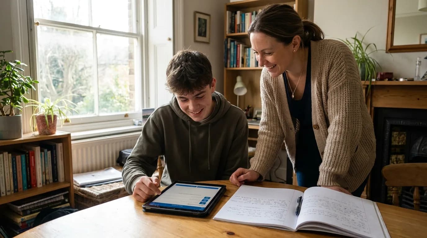 A tutor and a student looking at a tablet together at a study table