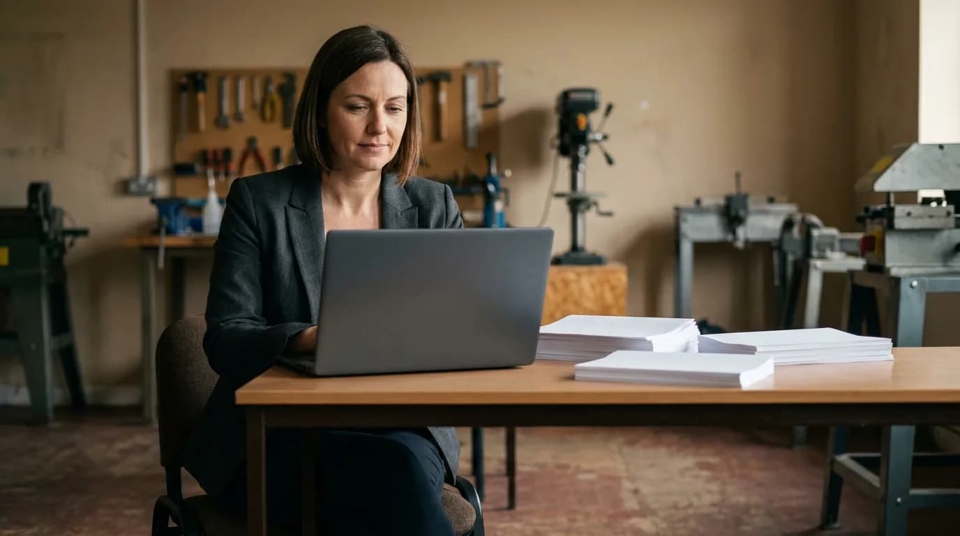 A vocational assessor reviewing on a laptop at a desk in a training centre, a workshop behind her